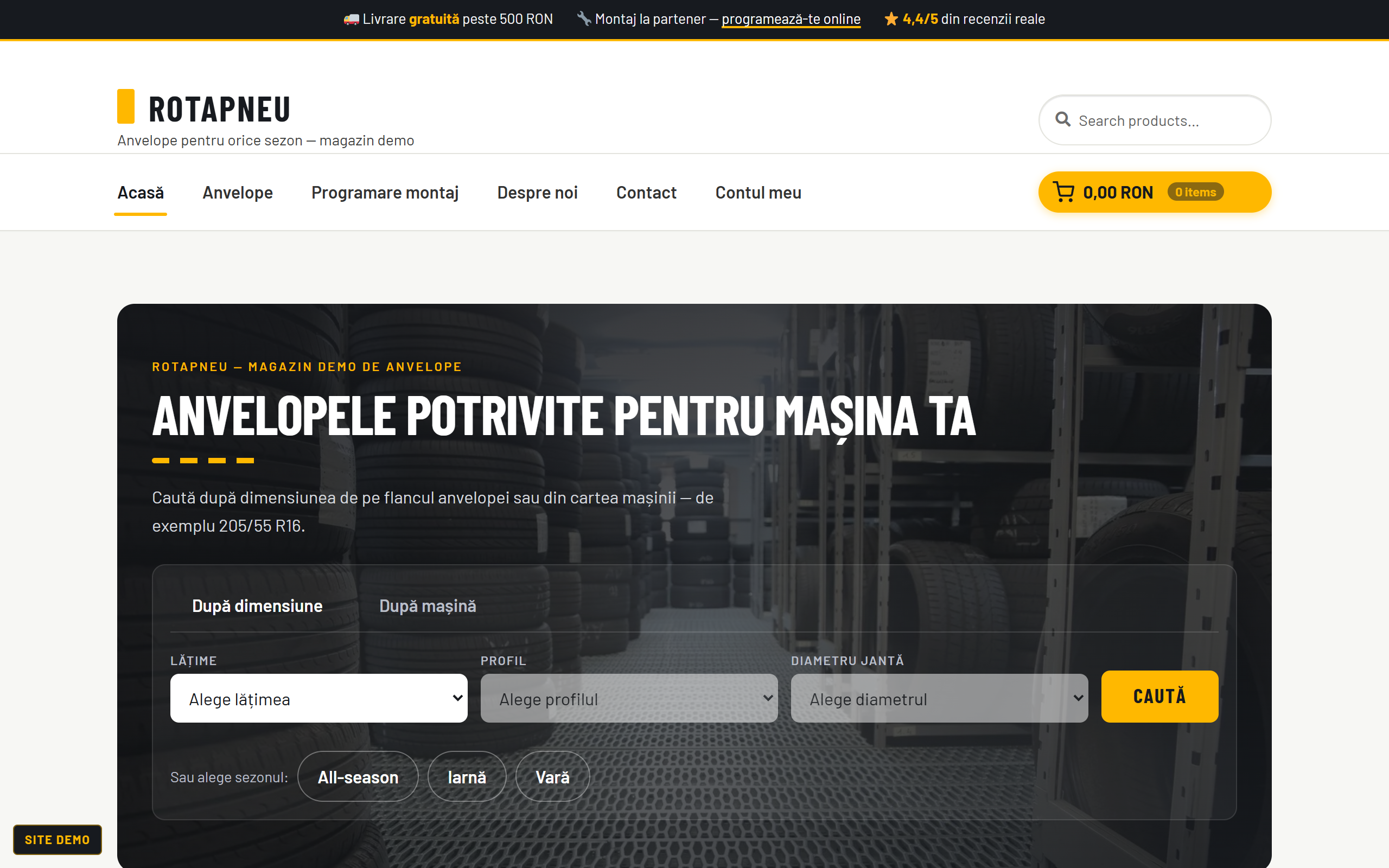 The RotaPneu demo store, built by The King Web