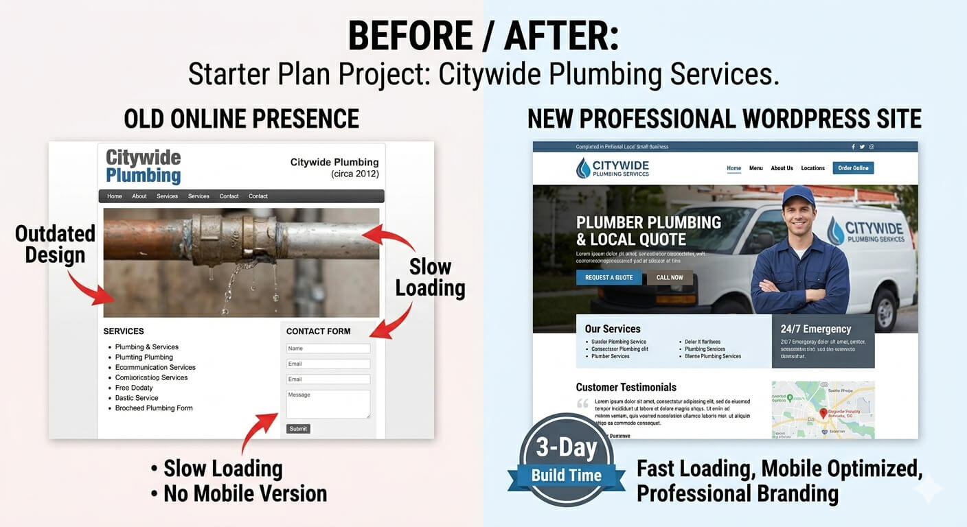 Before and after comparison of a small business WordPress website — left shows an outdated 2012 plumbing site with slow loading and no mobile version, right shows the new professional WordPress site with a hero section, services grid, customer testimonials, and an embedded local map