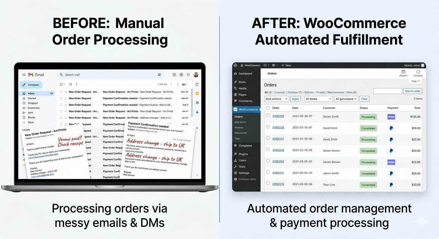 Before and after comparison showing manual order processing through a cluttered Gmail inbox versus a structured WooCommerce orders dashboard displaying order numbers, customer names, Stripe and PayPal payment statuses, and order totals