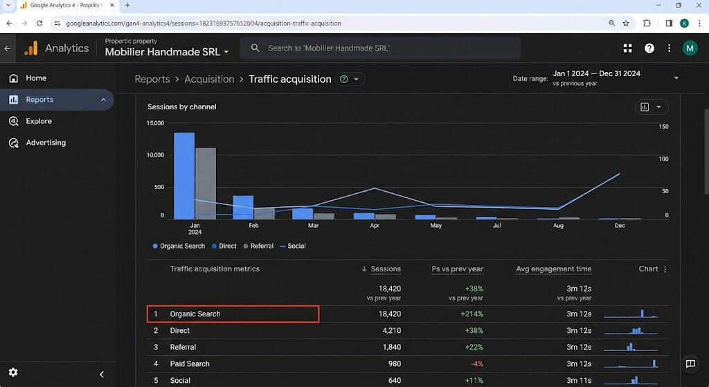 Google Analytics traffic growth for a WooCommerce store