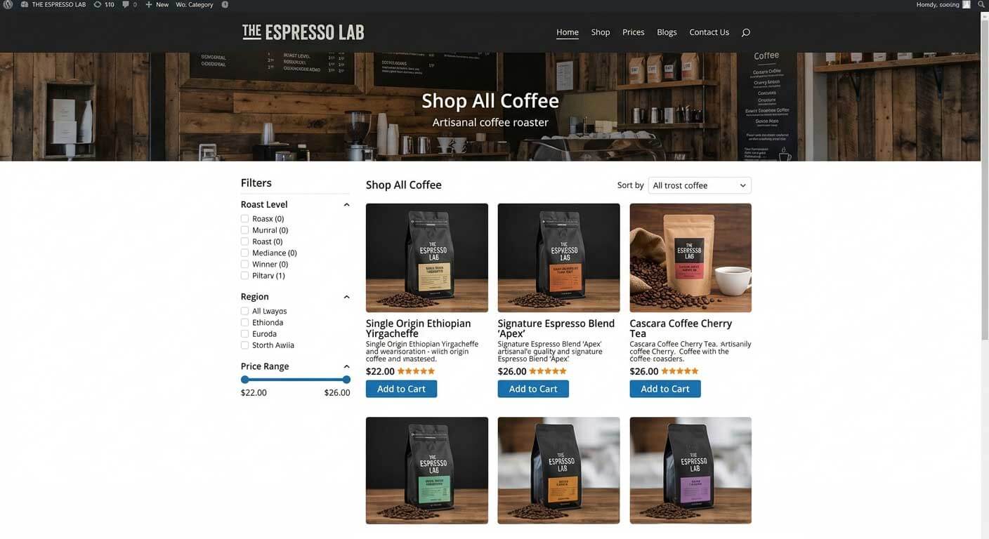 WooCommerce shop page showing a product grid with roast level and region attribute filters, a price range slider, star ratings, and Add to Cart buttons for an artisanal coffee roaster