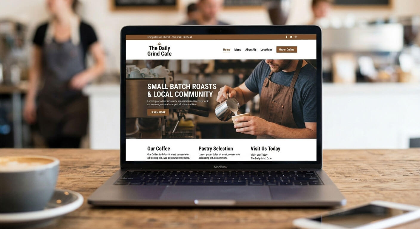 MacBook laptop on a wooden cafe table displaying a professional WordPress website for The Daily Grind Cafe, showing a branded hero image with a barista, top navigation with Home, Menu, About Us, Locations, and Order Online, and three content panels covering coffee, pastry selection, and location