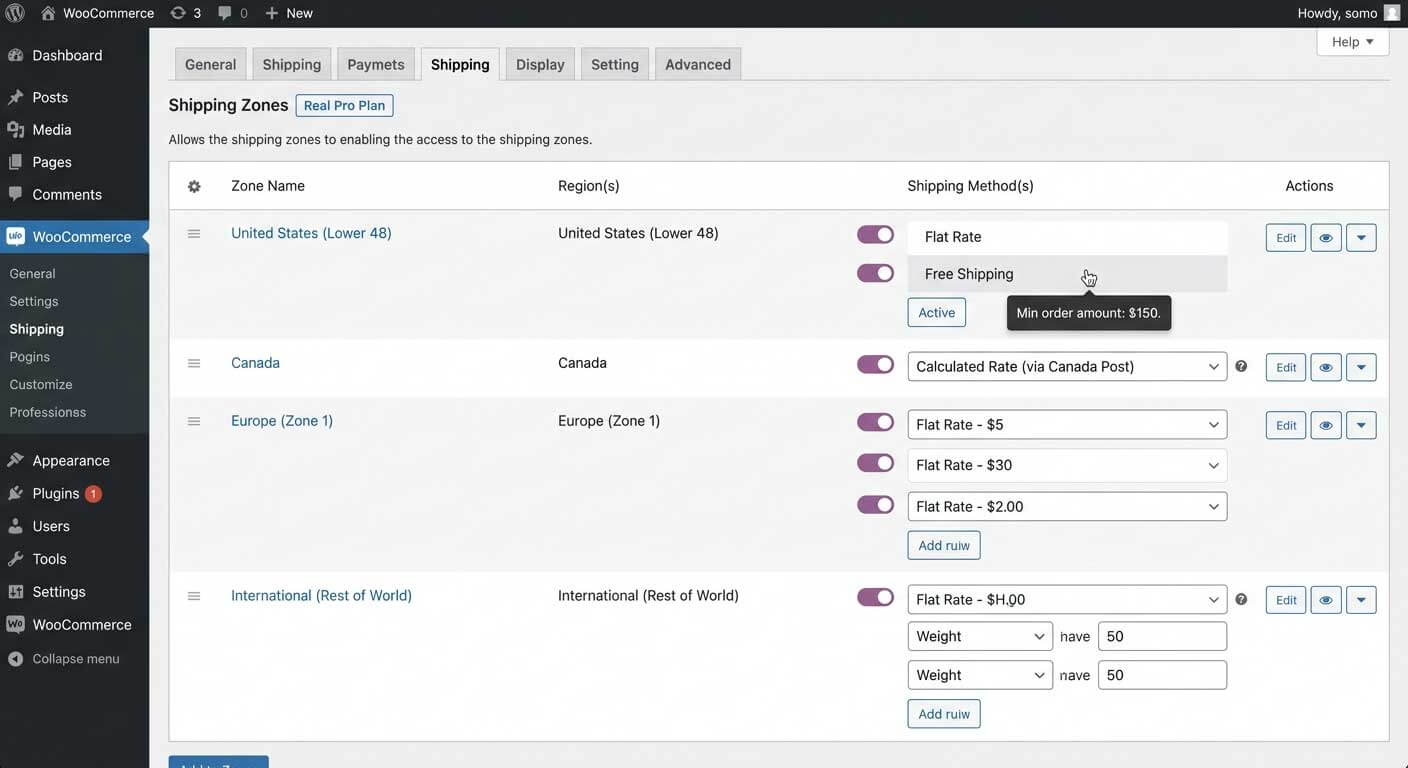 WooCommerce Shipping Zones settings screen showing four configured delivery regions — United States Lower 48, Canada, Europe Zone 1, and International Rest of World — each with individual flat rate, free shipping, calculated rate, and weight-based shipping methods