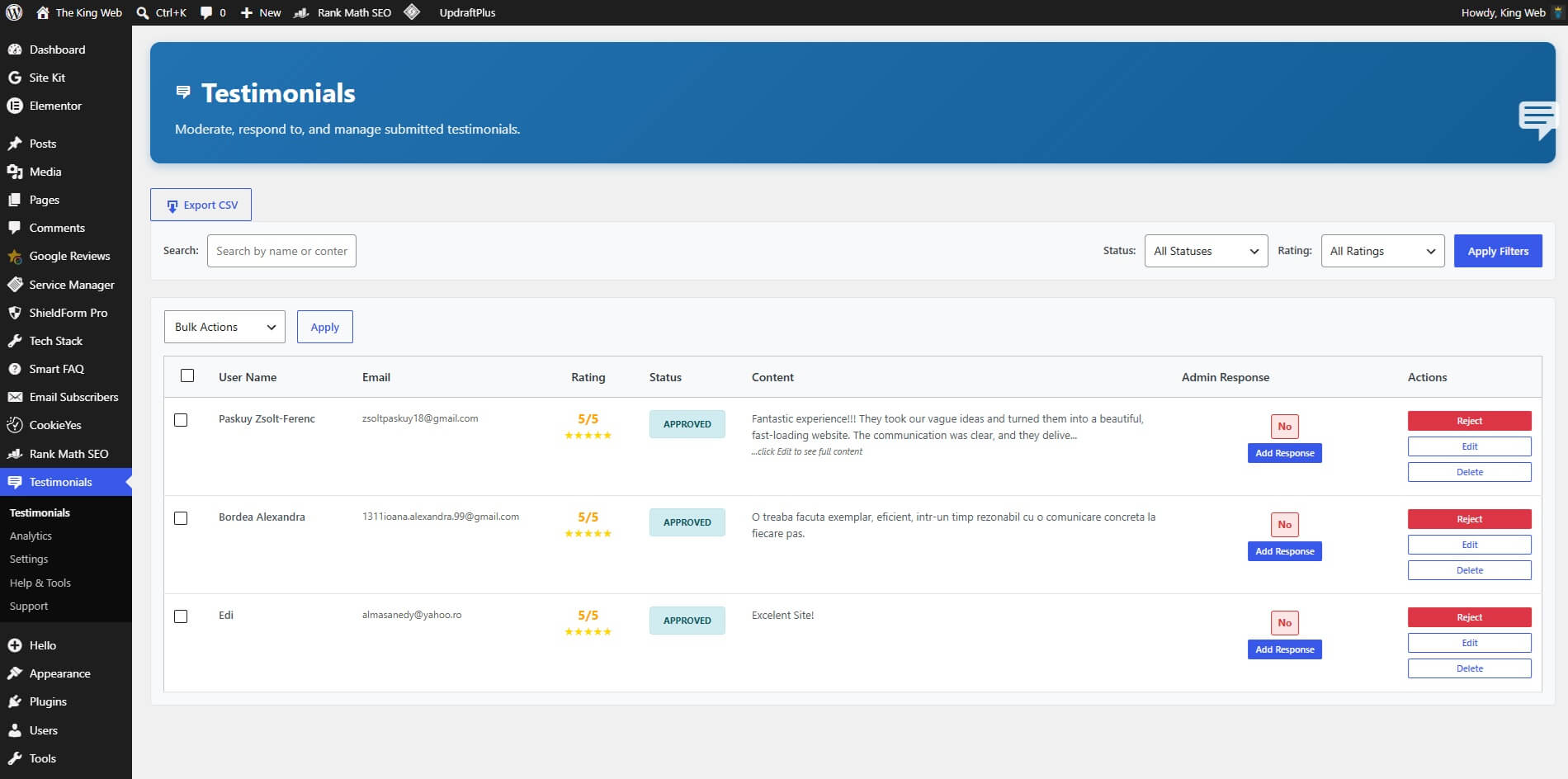 KingWeb Testimonials Manager admin dashboard showing rating distribution and pending testimonials awaiting approval
