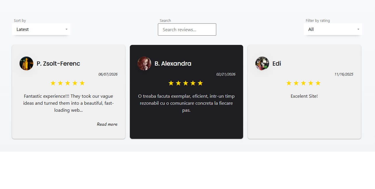 Customer testimonials displayed as a filterable grid with star ratings and photos on a WordPress page