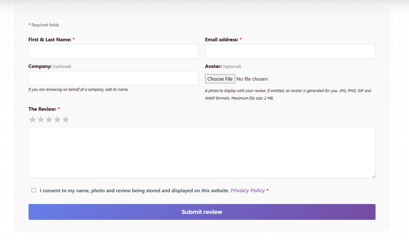 KingWeb Testimonials Manager front-end submission form with a star rating, review field, photo upload, and company name