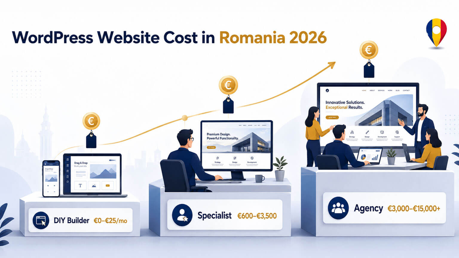 WordPress website cost in Romania compared across DIY builders, specialists, and agencies