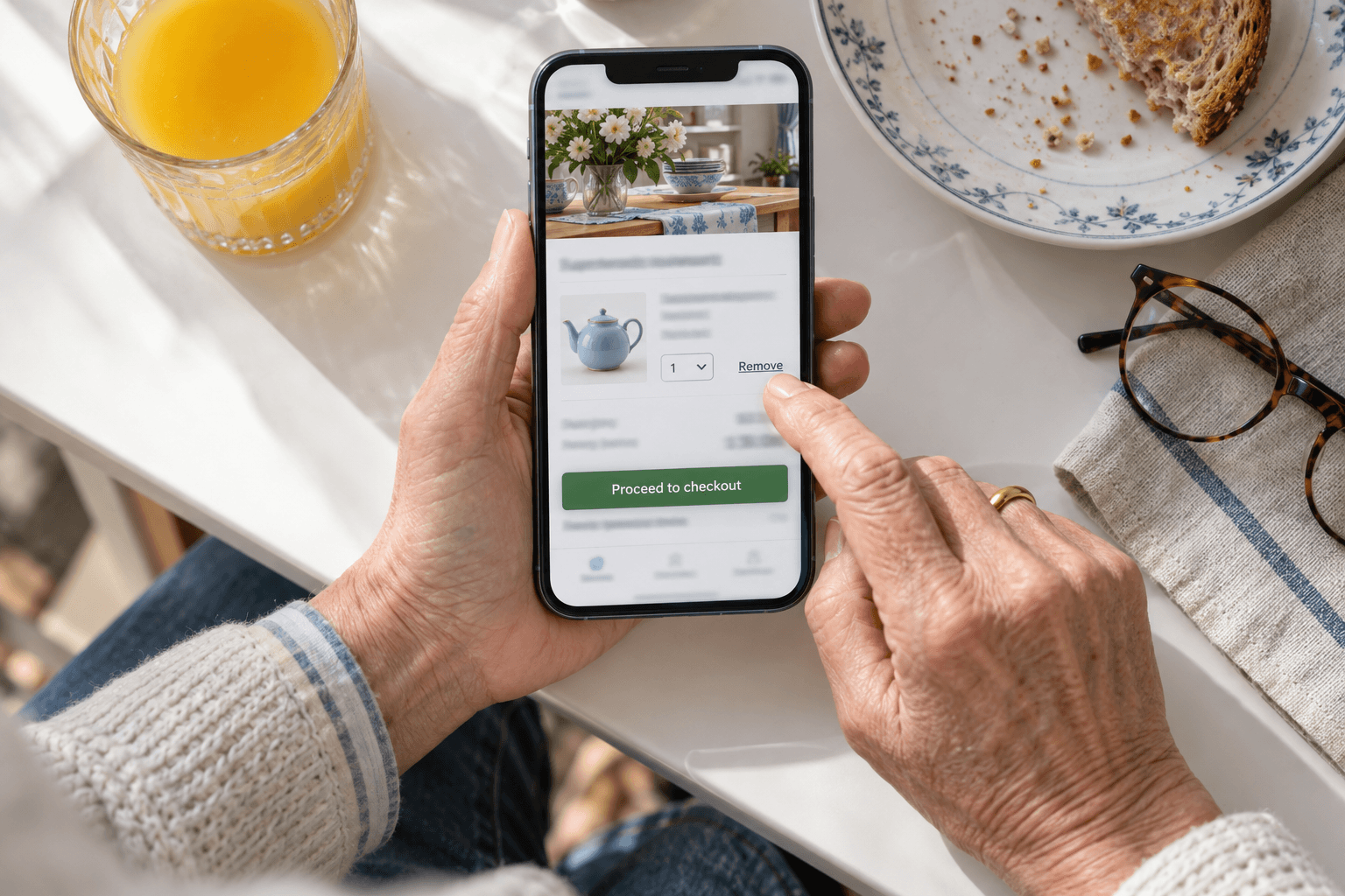 Layout shift on a phone cart page: a late banner pushes Proceed to checkout down and the tap lands on Remove