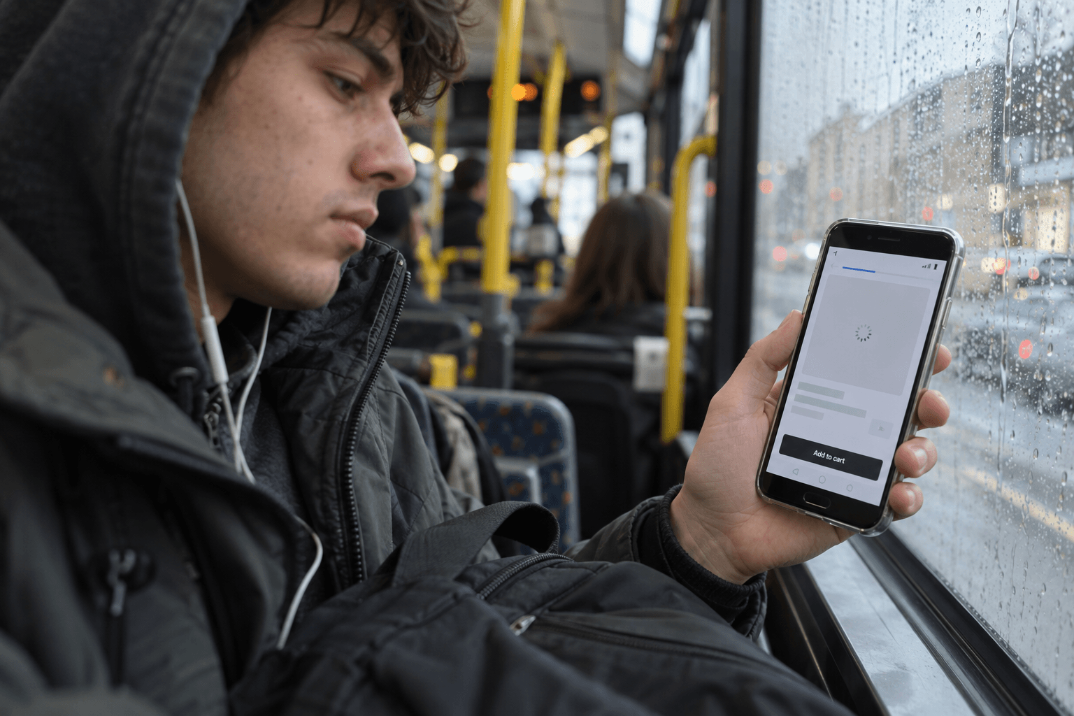 Young man on a bus holding a mid-range phone, the product page still loading its main photo as a grey box with a spinner