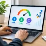 Core Web Vitals optimization service: laptop showing a speed gauge in the green, three metric icons and a rising bar chart