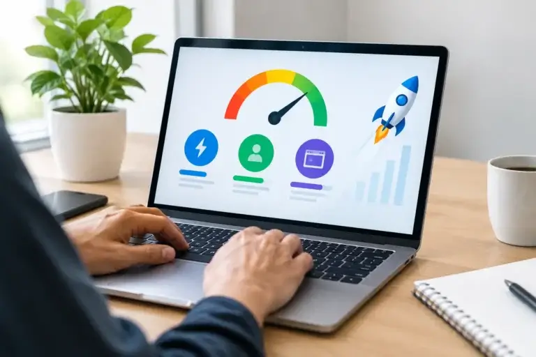 Core Web Vitals optimization service: laptop showing a speed gauge in the green, three metric icons and a rising bar chart