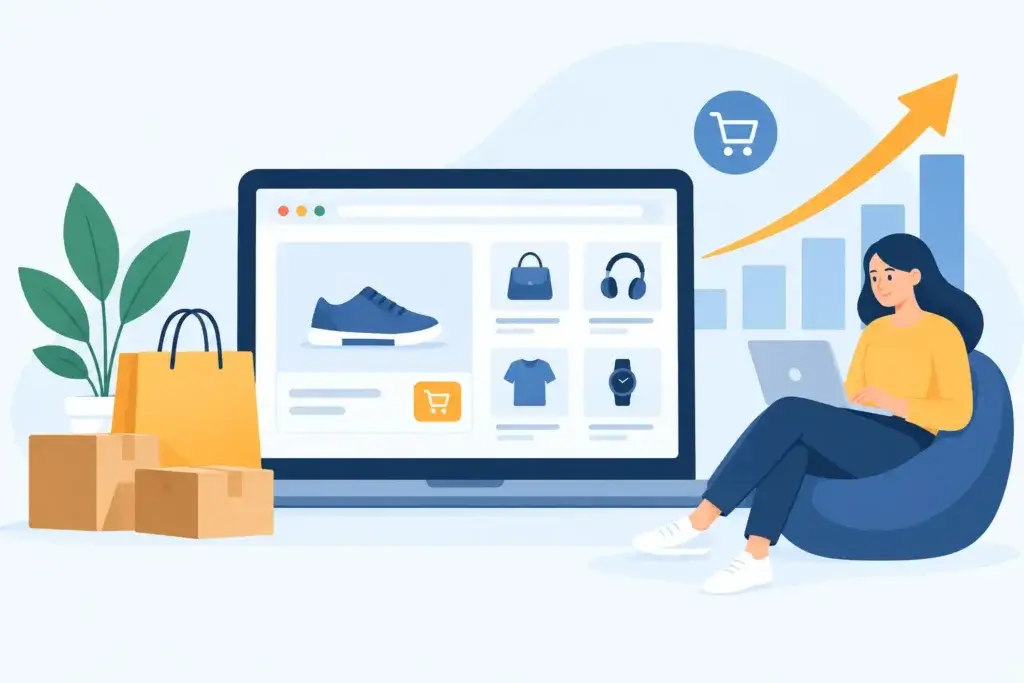 Ecommerce website development illustration: an online store on a laptop screen beside parcels and a rising sales chart