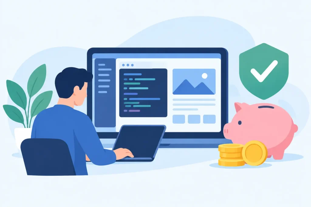 Web developer building a website on a laptop beside a piggy bank, coins and a green approval shield