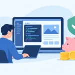 Web developer building a website on a laptop beside a piggy bank, coins and a green approval shield