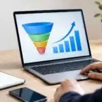 Improve website conversion rate: laptop showing a four-stage funnel chart beside a rising bar chart on a wooden desk