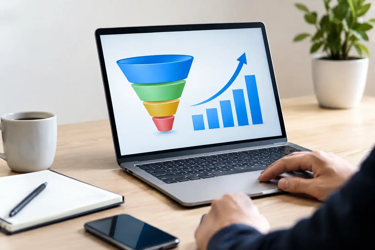 Improve website conversion rate: laptop showing a four-stage funnel chart beside a rising bar chart on a wooden desk