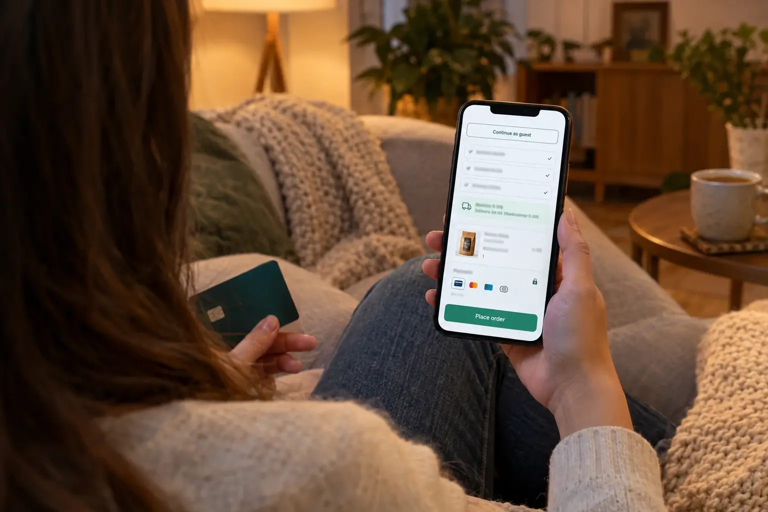 Woman on a sofa finishing a short mobile checkout, with guest checkout and delivery cost and date shown upfront
