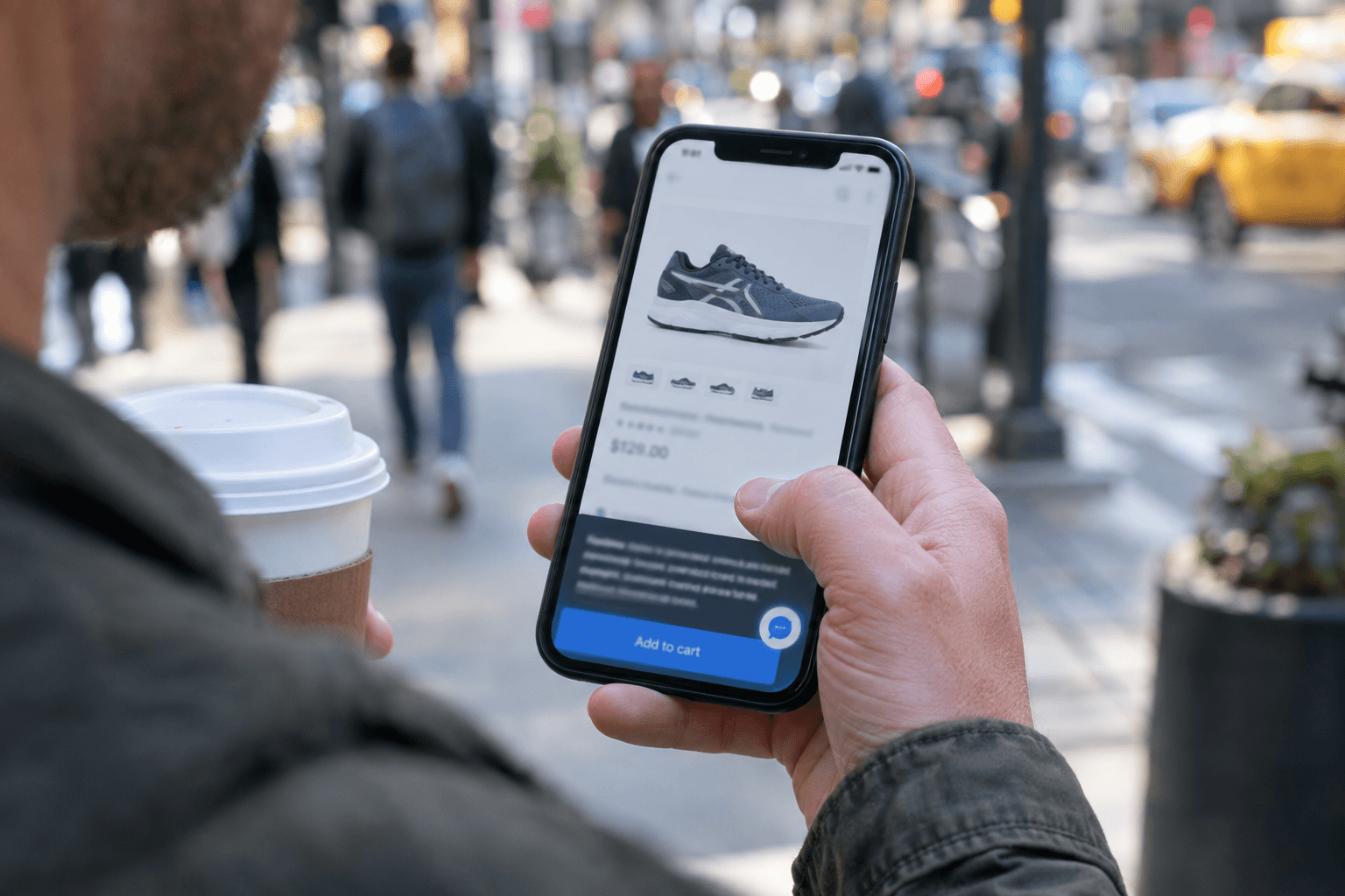 Phone on a busy street showing a product page where a cookie banner and chat bubble cover the Add to cart button