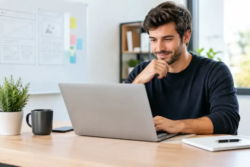 Website design for startup founders: founder working at a laptop, website wireframe sketches on a whiteboard behind