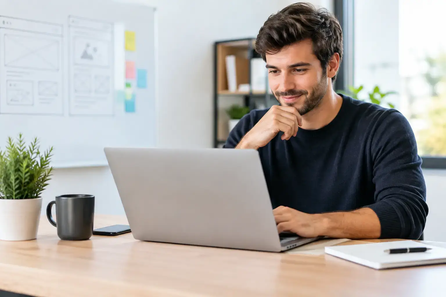 Website design for startup founders: founder working at a laptop, website wireframe sketches on a whiteboard behind