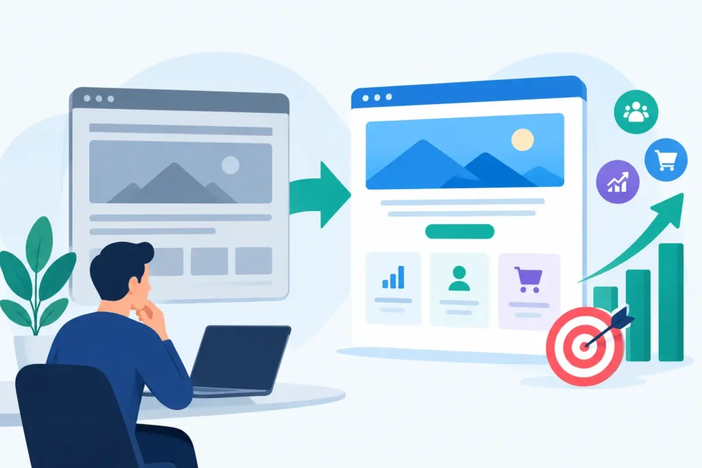 Illustration of a website redesign: an outdated grey page becomes a modern layout with lead, sales and growth icons