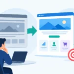 Illustration of a website redesign: an outdated grey page becomes a modern layout with lead, sales and growth icons