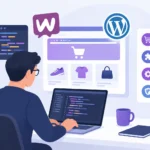 WooCommerce developer coding an online store, with WordPress and WooCommerce logos and a checklist of delivered features