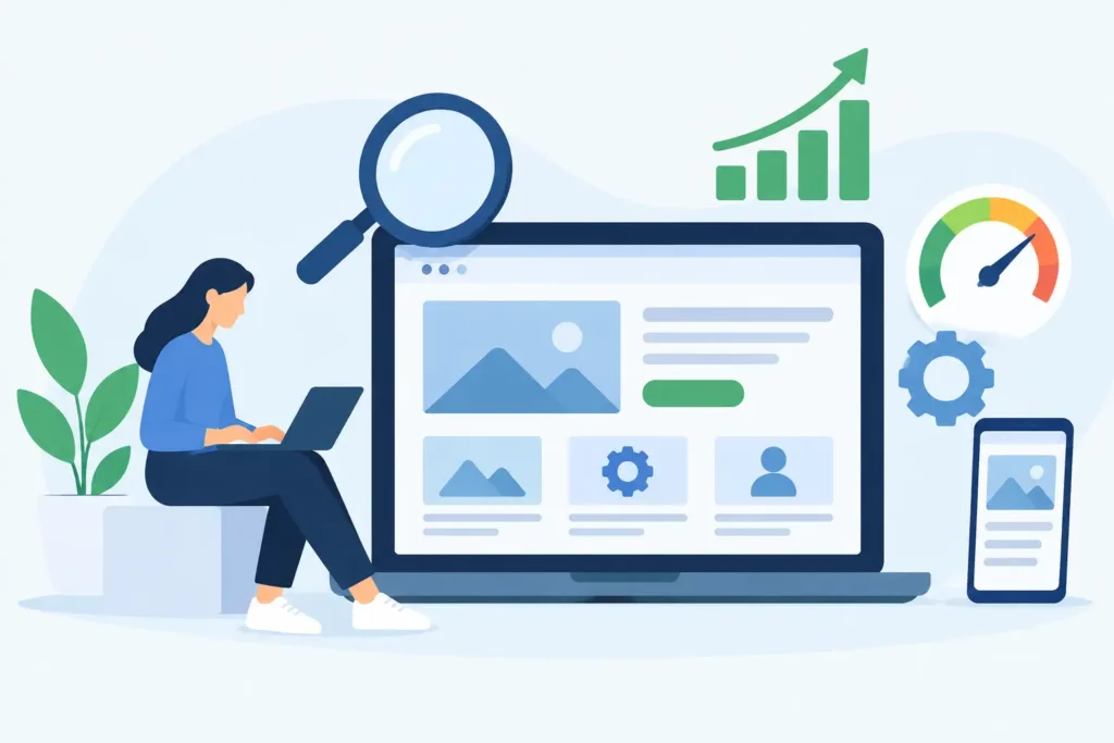 SEO ready business website on a laptop and phone with search, speed and traffic growth icons