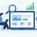 SEO ready business website on a laptop and phone with search, speed and traffic growth icons