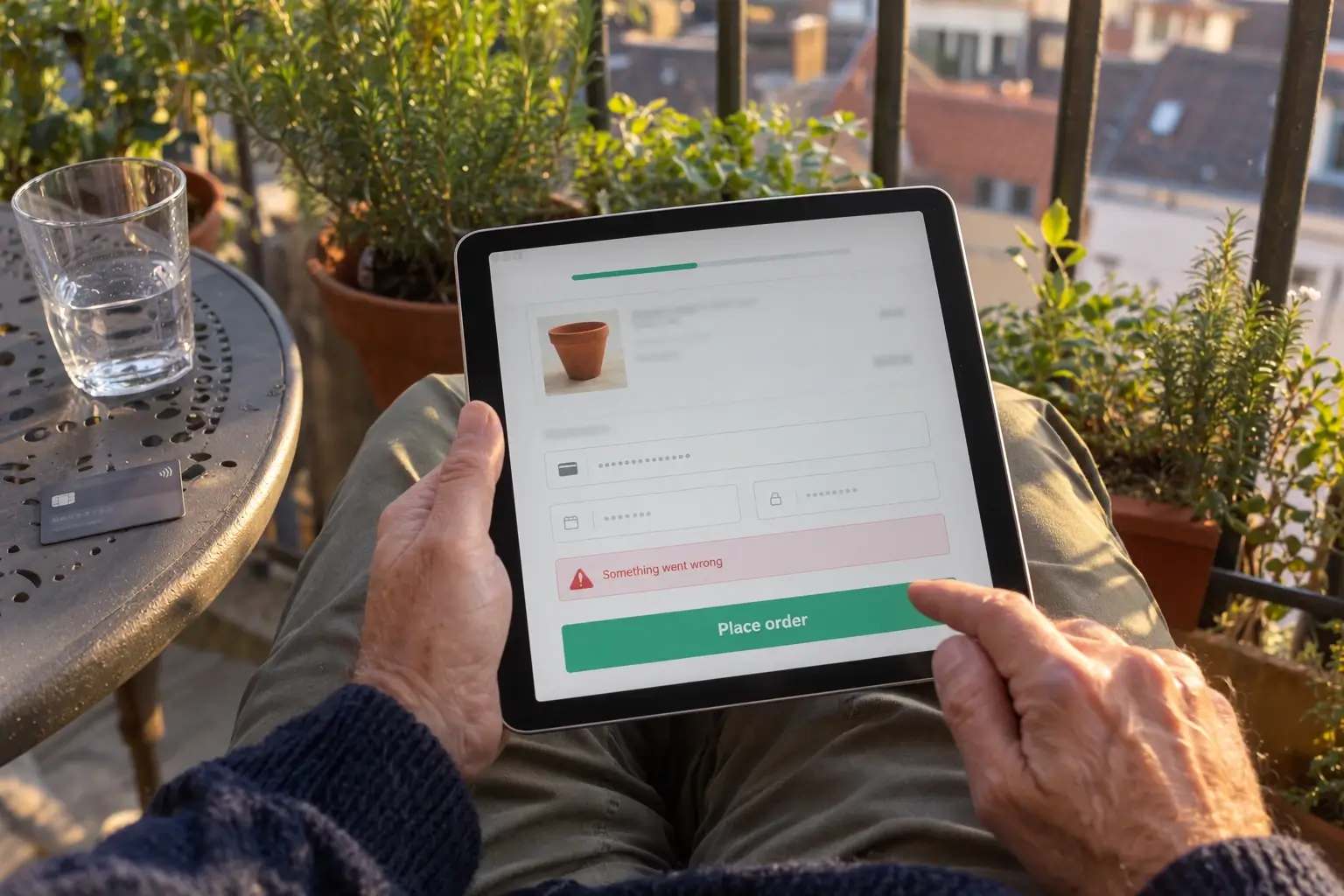 Tablet checkout showing only a vague payment error after the card details were submitted, as the buyer hesitates