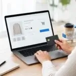 WooCommerce checkout optimization service: shopper at a laptop with a bank card in hand, ready to buy a sweater
