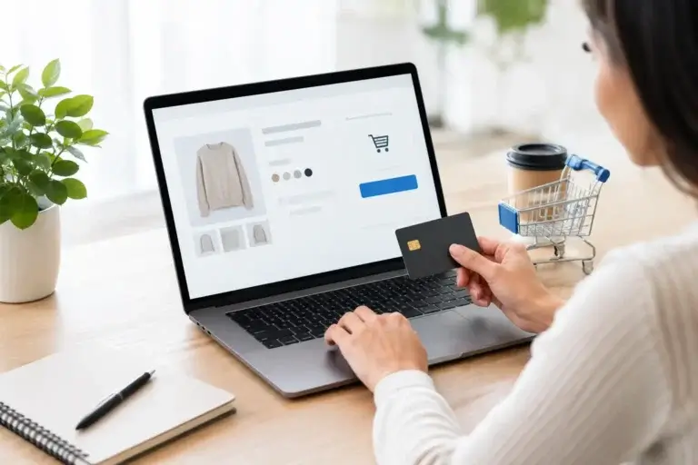 WooCommerce checkout optimization service: shopper at a laptop with a bank card in hand, ready to buy a sweater