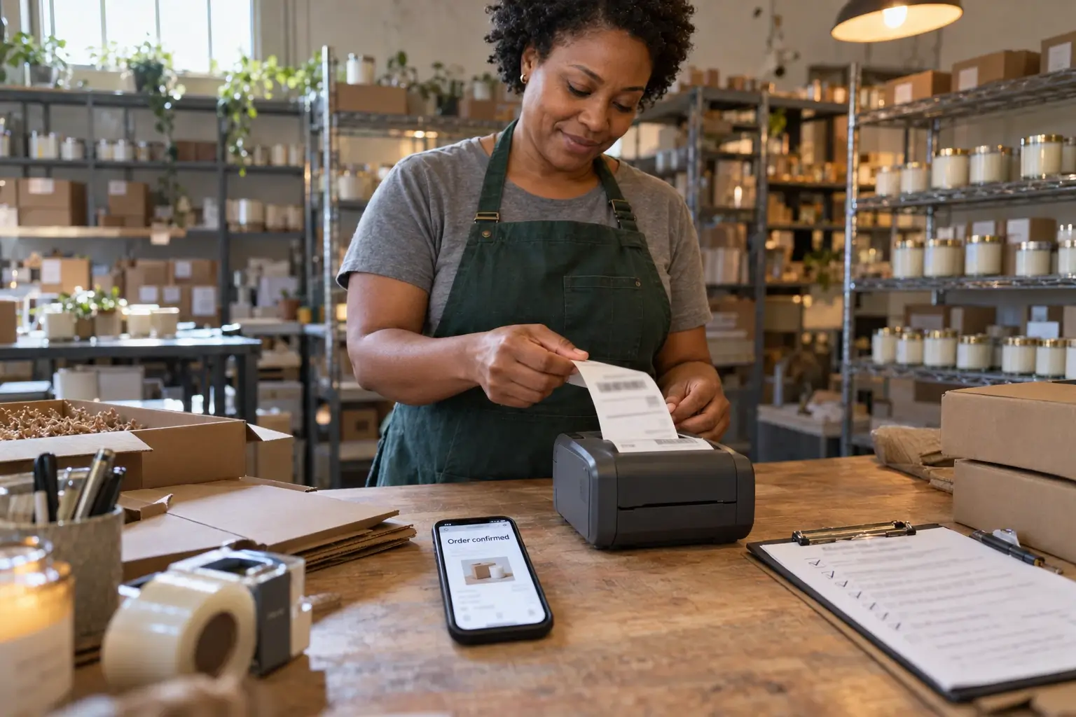 Shop owner checking a test order in her stockroom: the confirmation email on her phone, its shipping label just printed