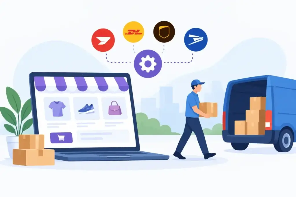 WooCommerce courier integration: an online store on a laptop linked to courier services, a delivery driver and a parcel van