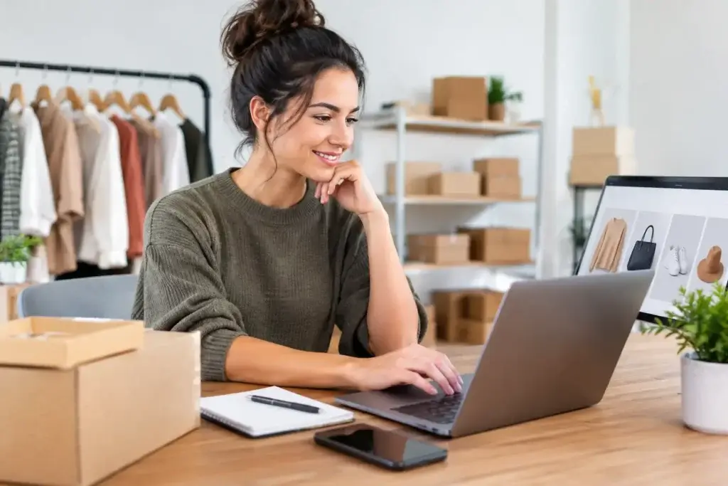 WooCommerce store for small business: owner at a laptop, online store products on a monitor, parcels and a clothes rail