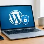 Best WordPress security plugins: laptop on a wooden desk showing the WordPress logo beside a shield with a padlock