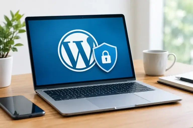 Best WordPress security plugins: laptop on a wooden desk showing the WordPress logo beside a shield with a padlock