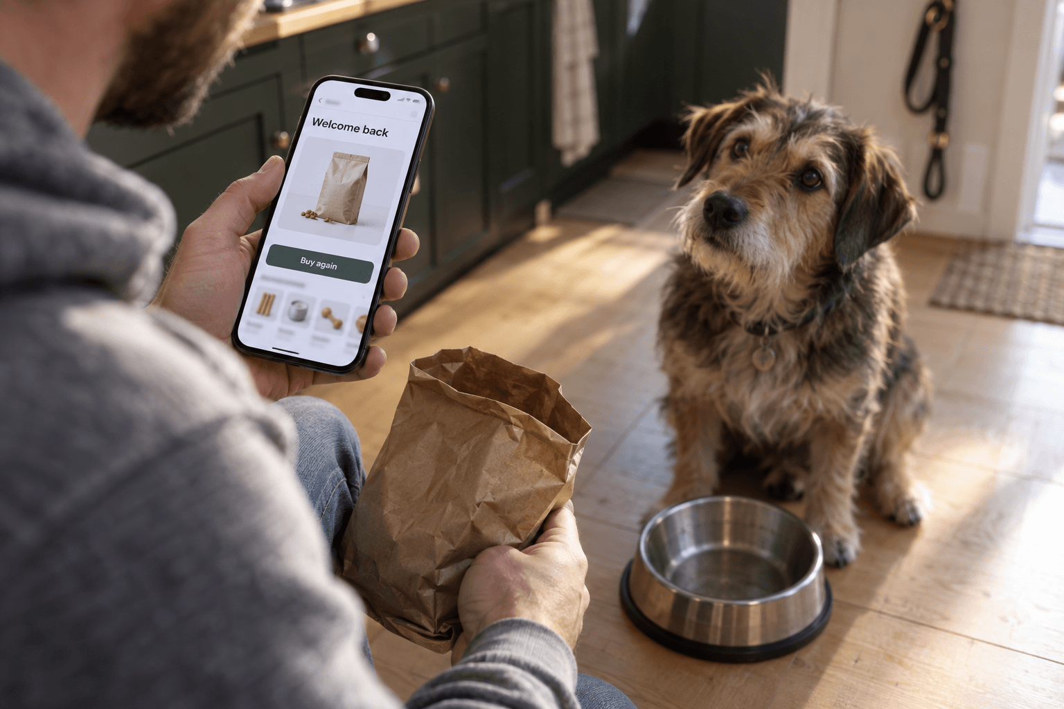 Returning customer by his dog's empty bowl, his phone showing a Welcome back page with his usual dog food to buy again