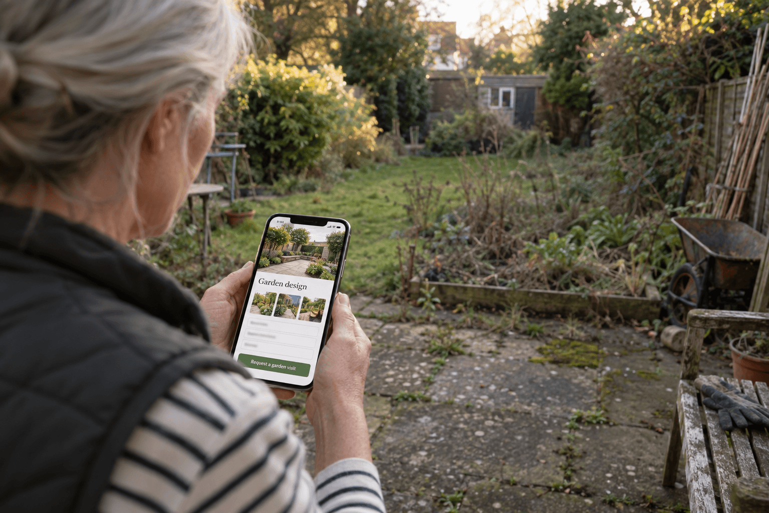 Woman on her patio facing an overgrown garden, her phone showing a garden design page with project photos and a short form