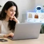 Woman shopping on a laptop as AI website personalization suggests a sweater, handbag, sneakers and jeans