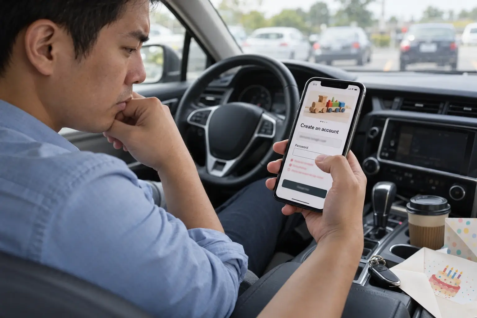 Man in a parked car stopped by a Create an account screen on his phone while ordering a gift