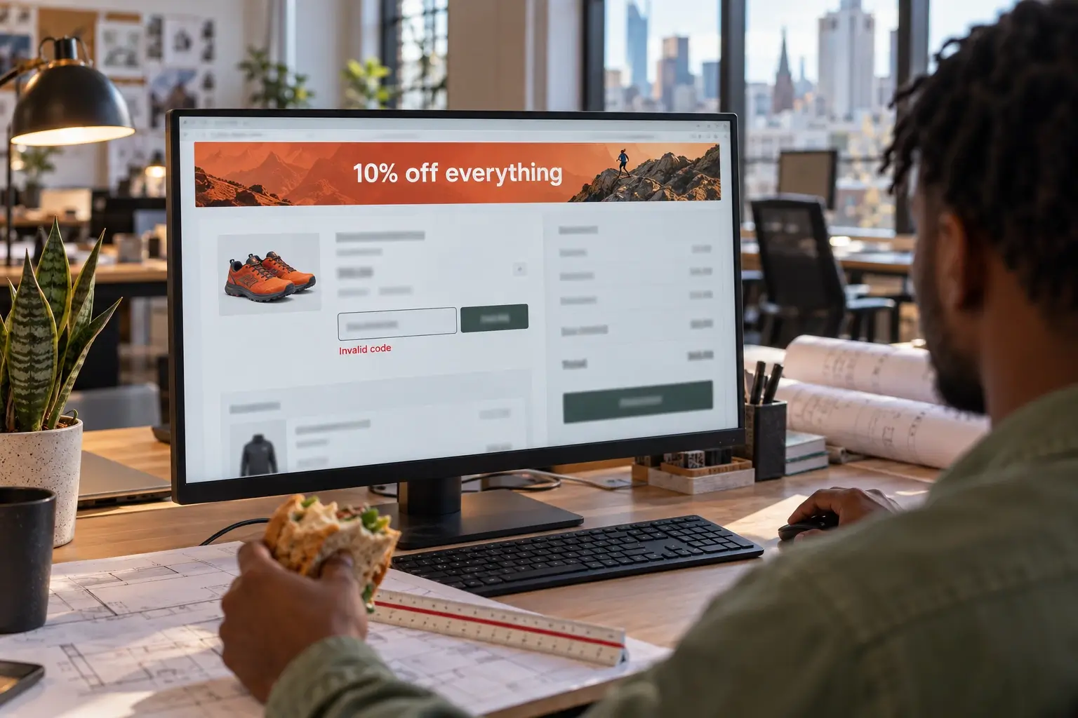 Man at his office desk at lunch seeing Invalid code under the coupon field despite a 10% off banner