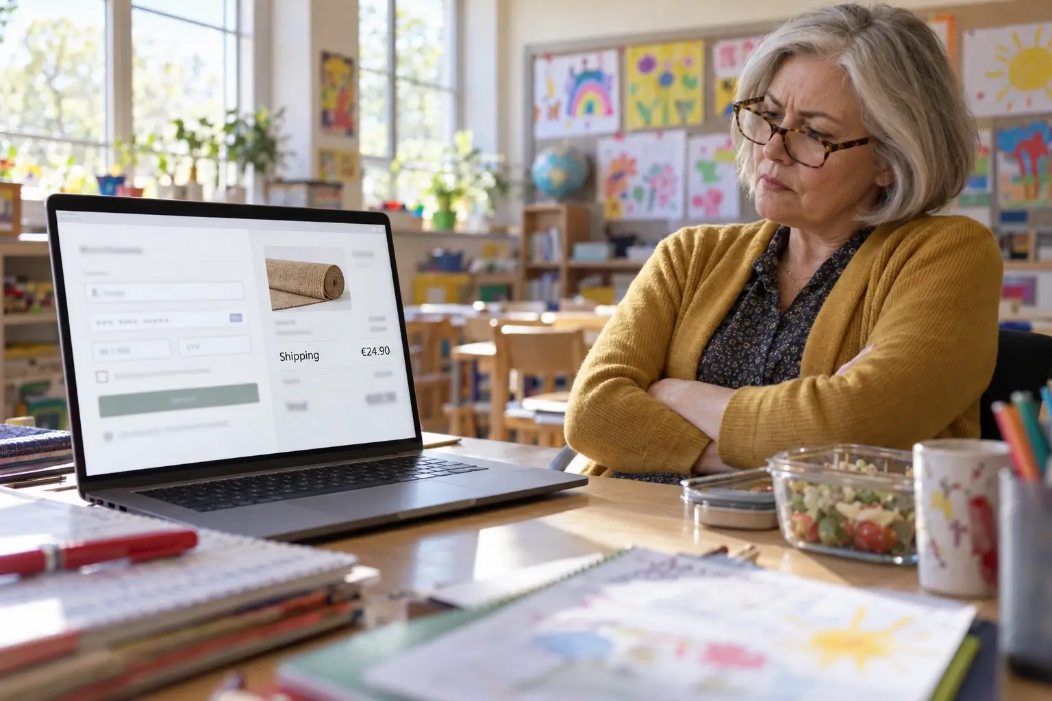 Teacher at her classroom desk seeing a €24.90 shipping charge appear only on the final checkout step