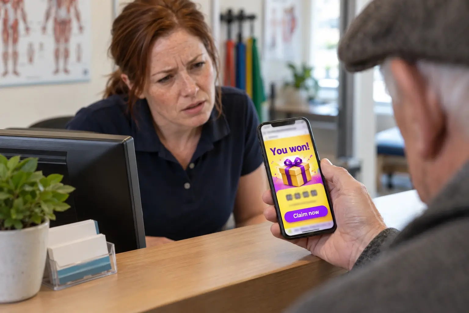 Patient at a clinic reception desk holding up his phone, where the clinic's website has redirected to a spam prize page