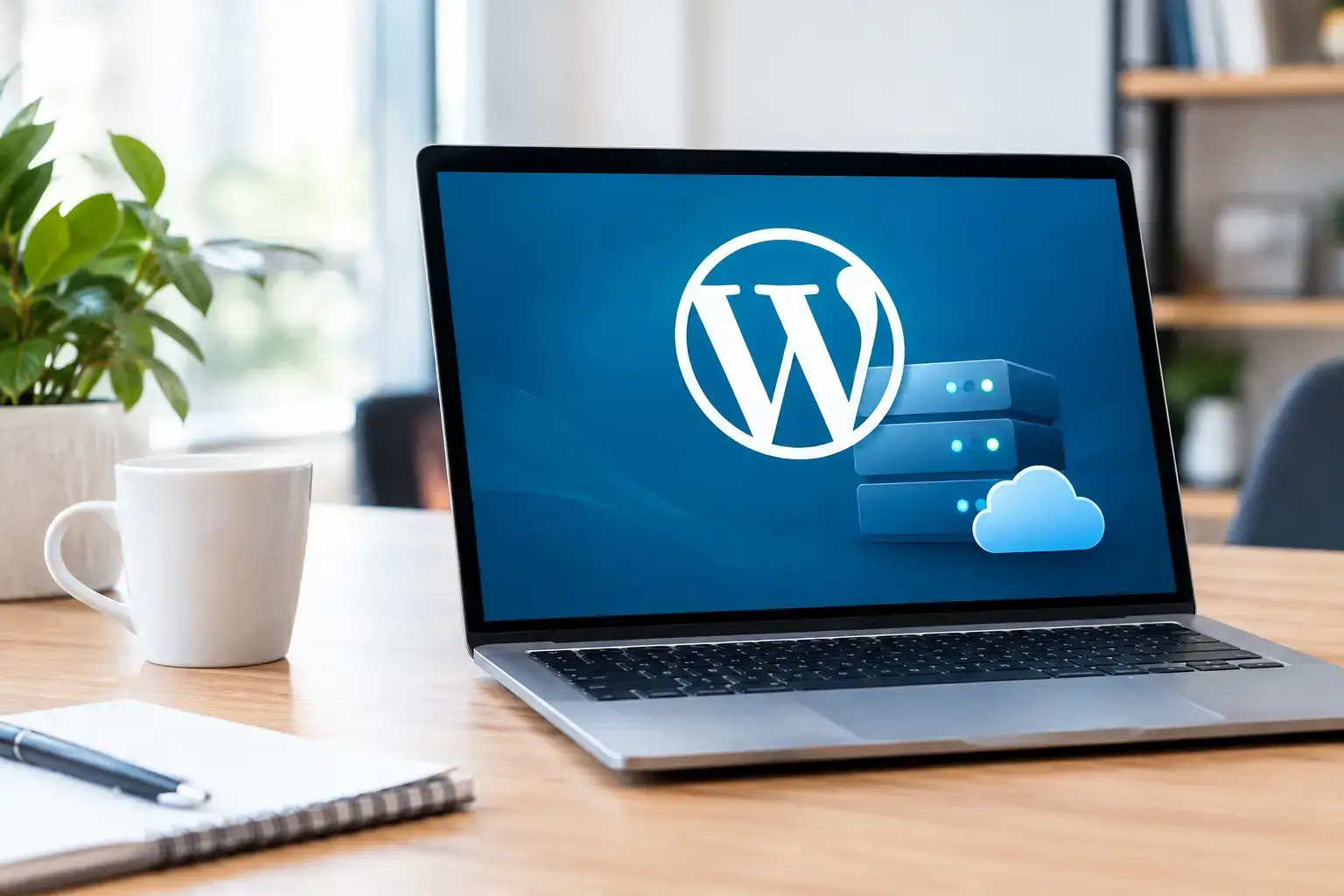 Managed WordPress hosting for business: laptop on a wooden desk showing the WordPress logo beside server and cloud icons
