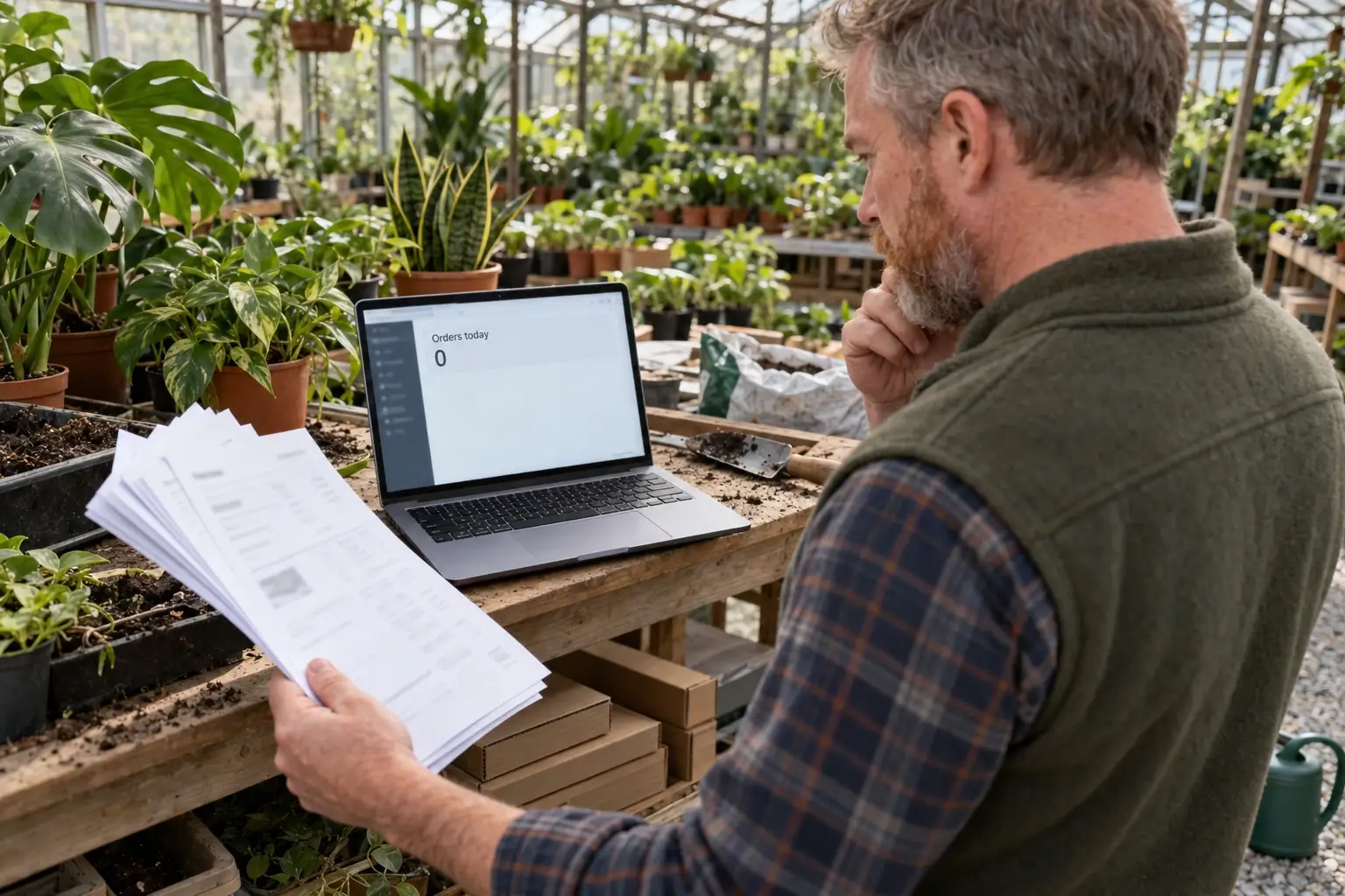 Plant nursery owner holding this morning's printed orders while his restored store dashboard shows 0 orders today