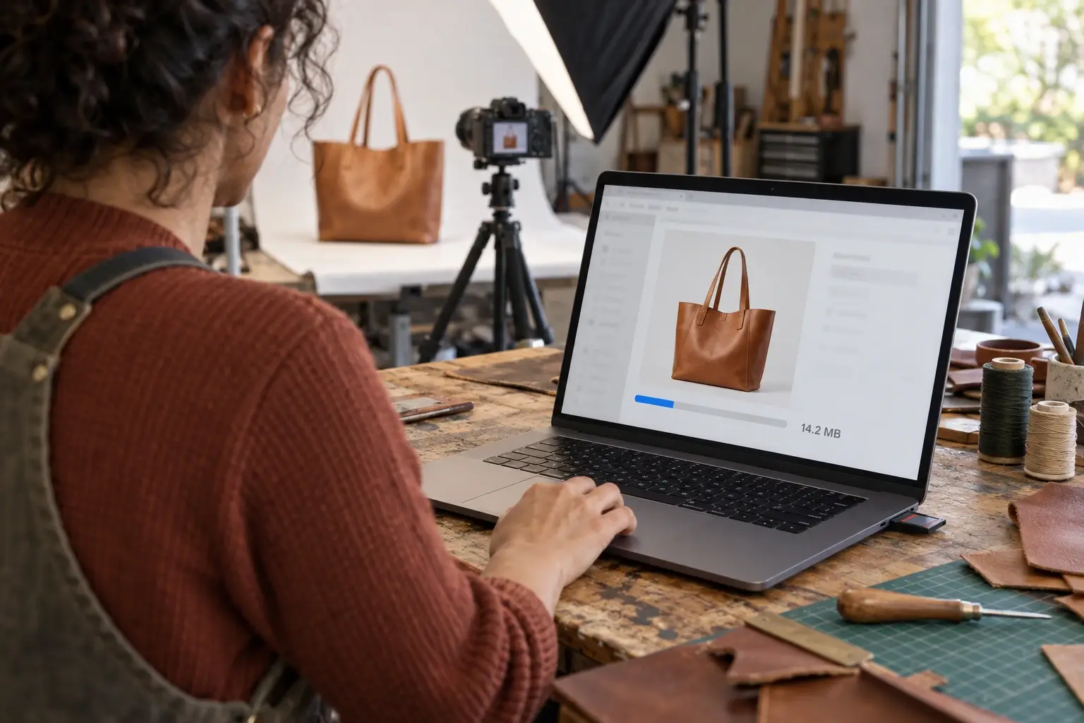 Leatherworker in her workshop uploading a 14.2 MB product photo straight from her camera to her online store