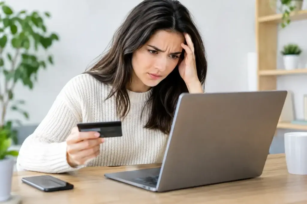 Why do checkout forms fail: a frustrated shopper holds her bank card at her laptop, one hand pressed to her temple
