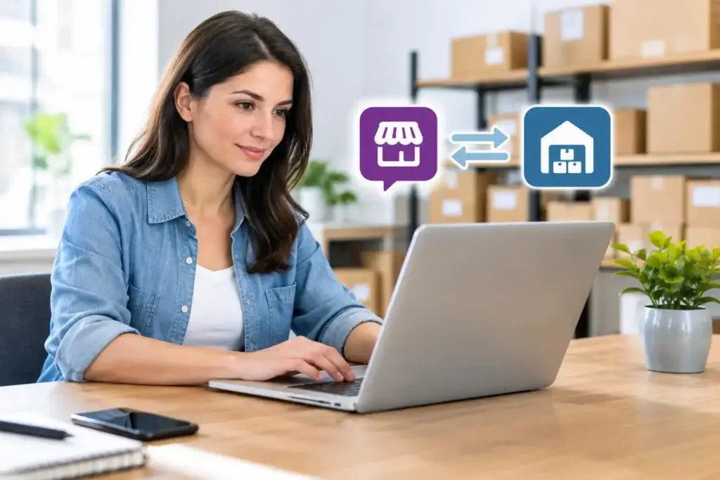 WooCommerce inventory management integration: woman at a laptop in a stockroom office beside store and warehouse sync icons