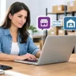 WooCommerce inventory management integration: woman at a laptop in a stockroom office beside store and warehouse sync icons